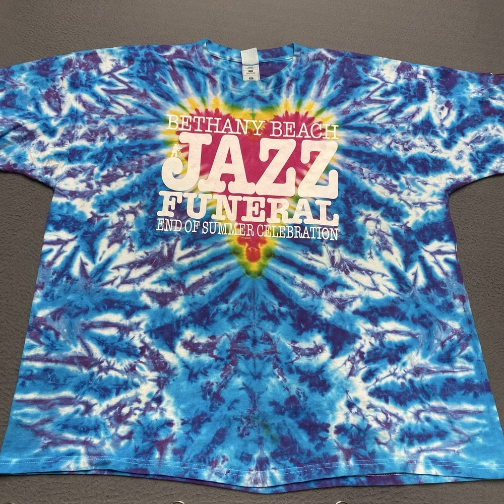 Fruit Of The Loom Shirt Mens 3XL Blue Tie Dye Bethany Beach Jazz Funeral Tee